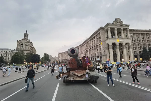 Kiev Oekraïne Augustus 2022 Tentoonstelling Van Vernietigde Russische Militaire Uitrusting — Stockfoto