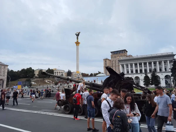 Kiev Ucraina Agosto 2022 Mostra Attrezzature Militari Russe Distrutte Piazza — Foto Stock