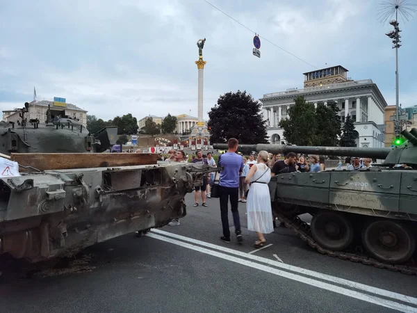 Kiev Oekraïne Augustus 2022 Tentoonstelling Van Vernietigde Russische Militaire Uitrusting — Stockfoto