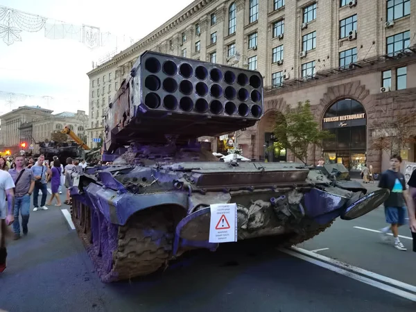 Kiev Ucrânia Agosto 2022 Exposição Equipamento Militar Russo Destruído Praça — Fotografia de Stock