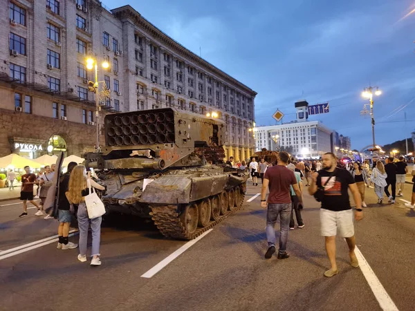 Kiev Ucrânia Agosto 2022 Exposição Equipamento Militar Russo Destruído Praça — Fotografia de Stock