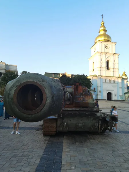 Kiev Ucrânia Agosto 2022 Veículos Blindados Russos Destruídos Exposição Praça — Fotografia de Stock