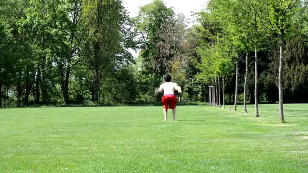 小男孩跳上倒翻在公园里 — 图库视频影像