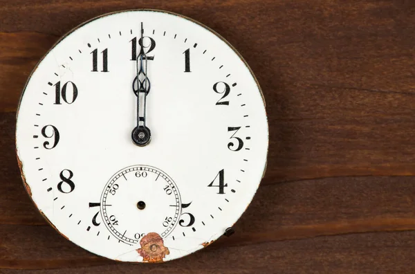 Bonne Année Minuit Horloge Antique Visage Sur Fond Bois — Photo