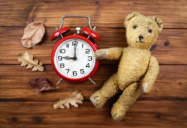 Vintage Retro Alarm Clock Toy Bear Autumn Leaves Back School — Foto Stock