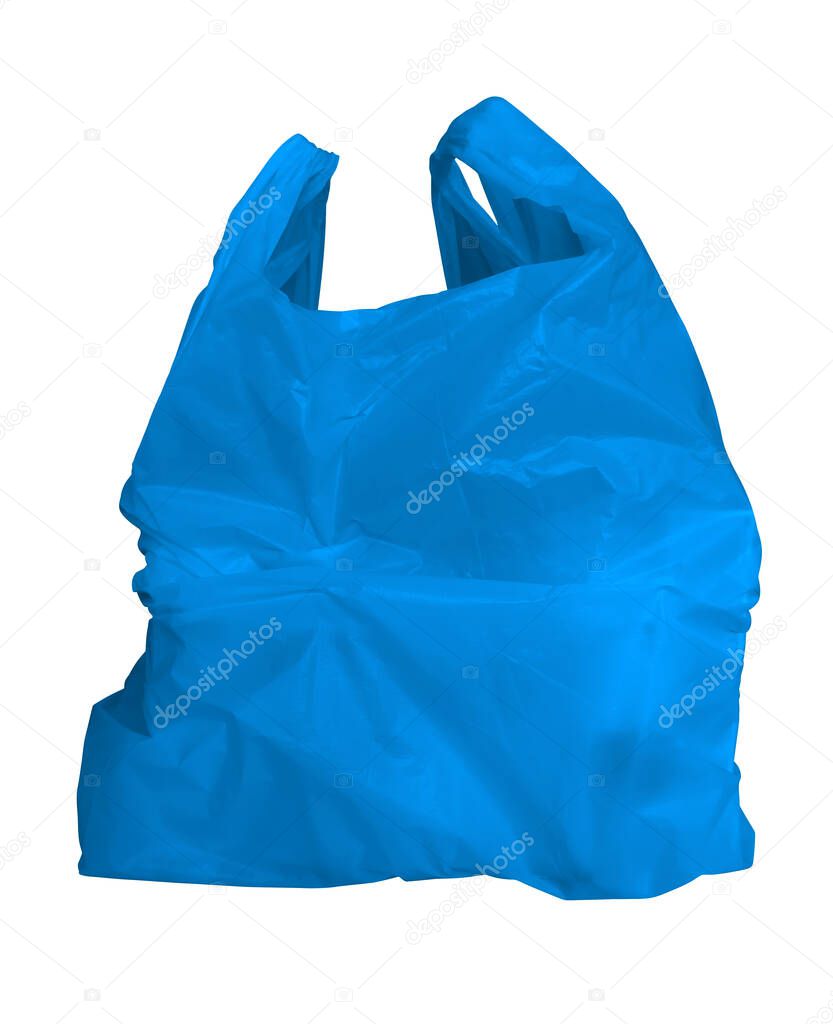 Blue shopping plastic bag isolated on white. Clipping Path included.