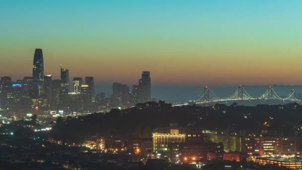 日升奥克兰旧金山大桥天际线夜以继日的流逝 — 图库视频影像