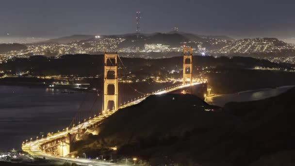 Beautiful Night Golden Gate Bridge Wide Sutro Tower Vista Point — Stock video