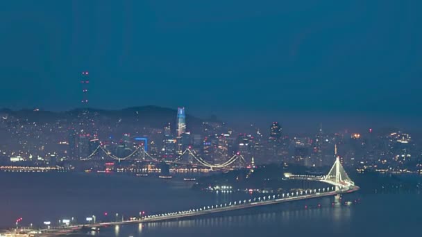 Ночь День Мост Залива Сан Франциско Окленд Сокровища Острова Сутро — стоковое видео
