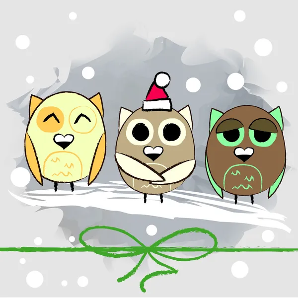 Tres lindos búhos y nieve — Vector de stock