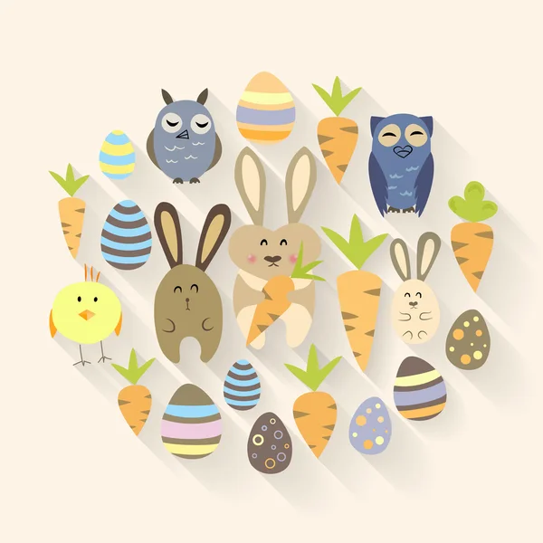 Easter eggs birds rabbits and carrots icons — Stock Vector