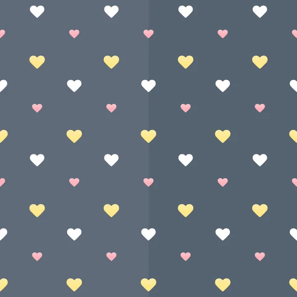 Nahtloses Muster mit weißen gelben und rosa Herzen auf blauem Grund — Stockvektor