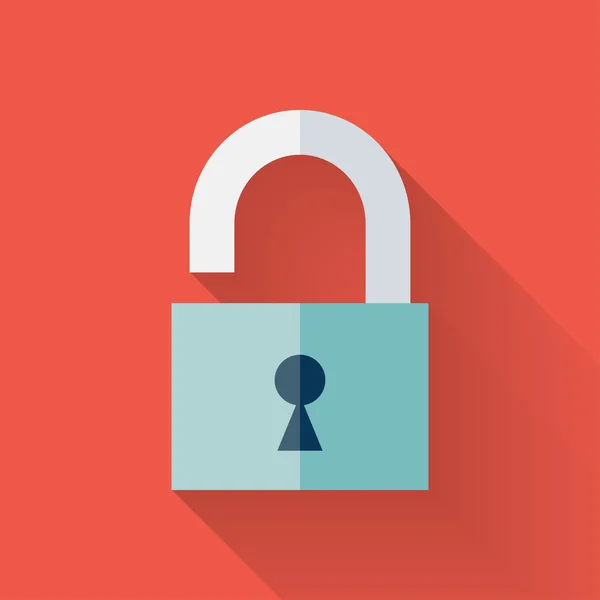 Flat open padlock icon over red — Stock Vector