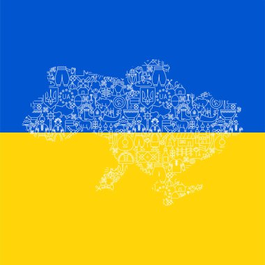 Ukrayna Bayrak Haritası. Vektör İnce Özet Ulusal Semboller.