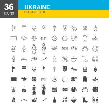 Ukrayna Çizgisi Web Glyph Simgeleri. Ulusun Dış Hatları ve Solid Sembollerinin Vektör İllüstrasyonu.