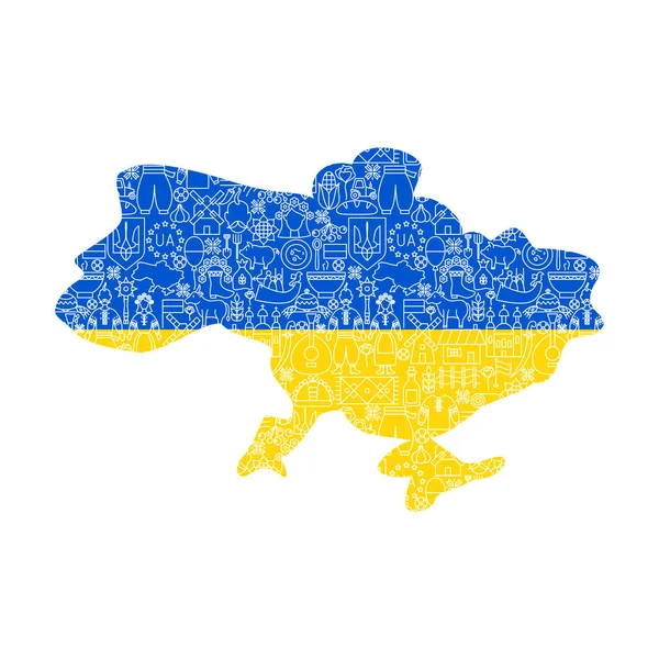 Ucrania Mapa Del País Vector Delgado Esquema Símbolos Nacionales — Vector de stock