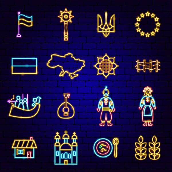 Ukraińskie Neonowe Ikony Ilustracja Wektorowa Promocji Krajowej — Wektor stockowy