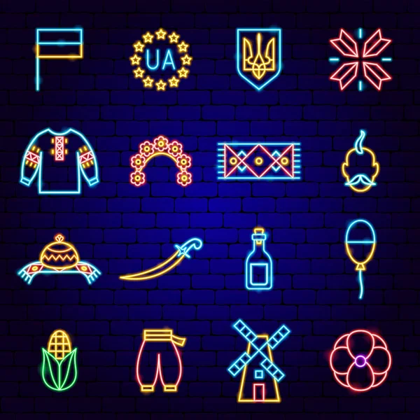 Ucraina Paese Neon Icons — Vettoriale Stock