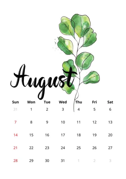 2022 English Calendar August Raster Raster Illustration Hand Drawn Modern — Zdjęcie stockowe