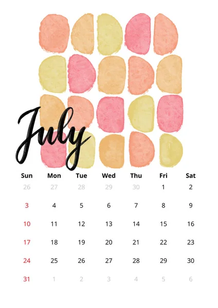 2022 English Calendar July Raster Illustration Hand Drawn Modern Sketch — Stock Photo, Image