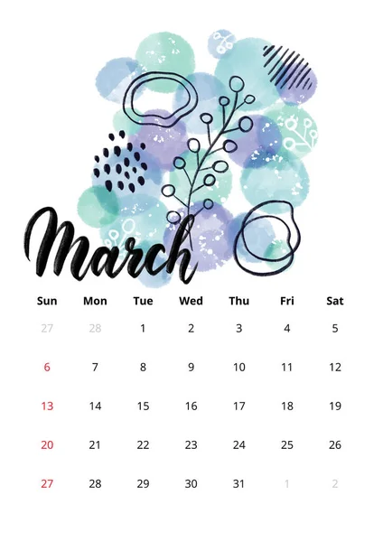 2022 Engelse Kalender Maart Raster Illustratie Van Handgetekende Moderne Schets — Stockfoto