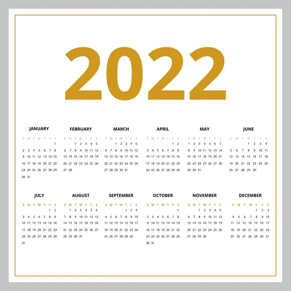 2022 Year Golden Calendar — Vettoriale Stock