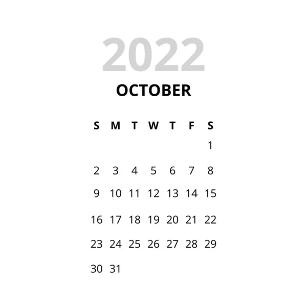 Calendario del mes de octubre 2022 — Vector de stock