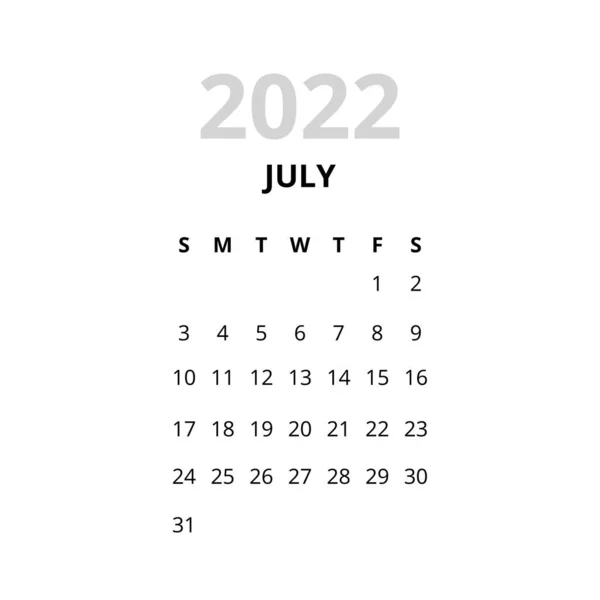 2022 July Month Calendar — Vetor de Stock