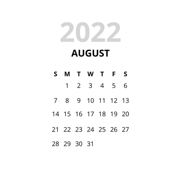 2022 Calendario del mes de agosto — Vector de stock