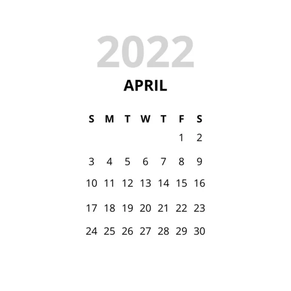 2022 Calendario del mes de abril — Vector de stock