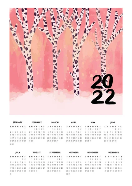 2022 One Page Różowe Drzewa Kalendarz — Wektor stockowy