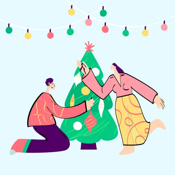 Man Woman Christmas Tree Decorating — стоковый вектор