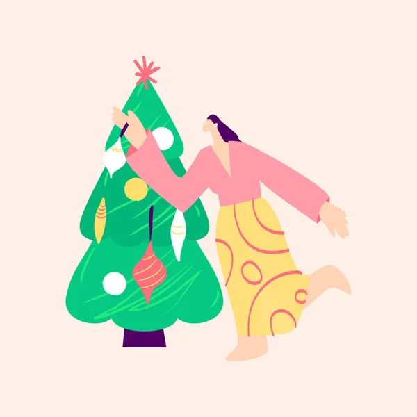 Girl Decorating Christmas Tree — Stock Vector