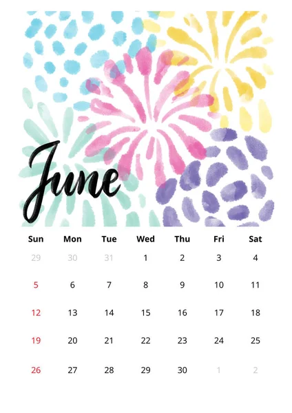 2022 English Calendar June Raster Illustration Hand Drawn Modern Sketch — Stock Photo, Image