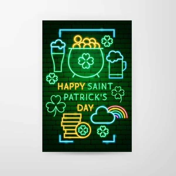 Feliz dia de São Patricks Neon Flyer —  Vetores de Stock