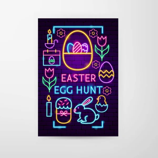 Easter Egg Hunt Neon Flyer — Stock Vector