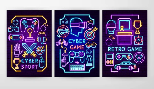 Cyber Game Neon Flyers — Vector de stock