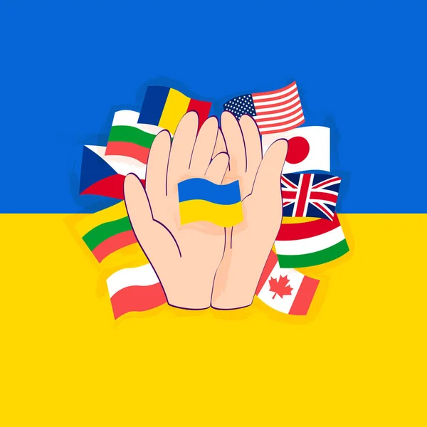 Banderas de manos de apoyo de Ucrania — Vector de stock