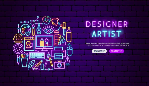 Designer Artista Neon Banner Design Illustrazione Vettoriale Della Promozione Grafica — Vettoriale Stock