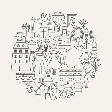 France Line Icons Circle. Tasarımın Vektör İllüstrasyonu.