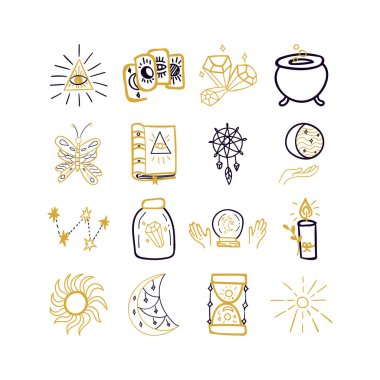 Mystery Doodle Set izole edildi. Sihir ve Cadı Nesnelerinin Vektör İllüstrasyonu.