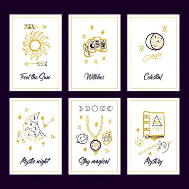 Sihirli Moda Posterleri. Gizem ve Cadı Tebrik Kartlarının Vektör İllüstrasyonu.