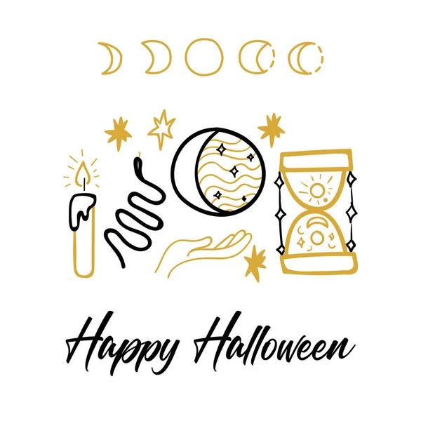 Happy Hallloween Doodle Postcard Vector Illustration Scary Holiday Greeting Card — ストックベクタ