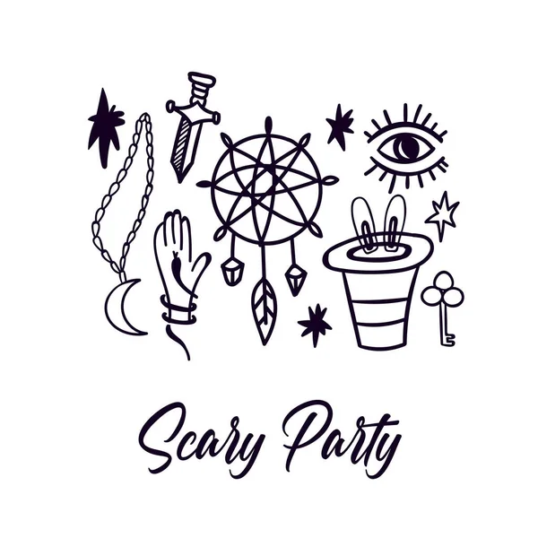Scary Party Doodle Postcard Vector Illustration Halloween Greeting Card — 图库矢量图片
