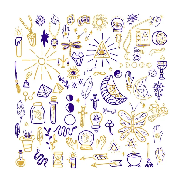Magic Doodle Set Isolated Vector Illustration Mystery Sketch Objects — Stockvektor