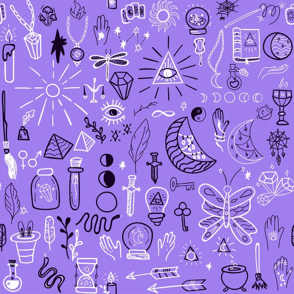 Mystery Doodle Seamless Pattern Vector Illustration Magic Witchcraft Background — Wektor stockowy