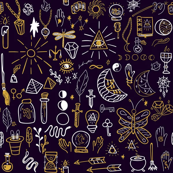 Magic Witchcraft Doodle Seamless Pattern Vector Illustration Oftrendy Mystery Witch — Wektor stockowy