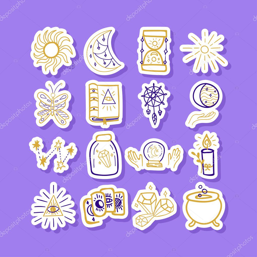 Mystery Doodle Sticker Set. Vector Illusstration of Magic and Witch Label Objects.