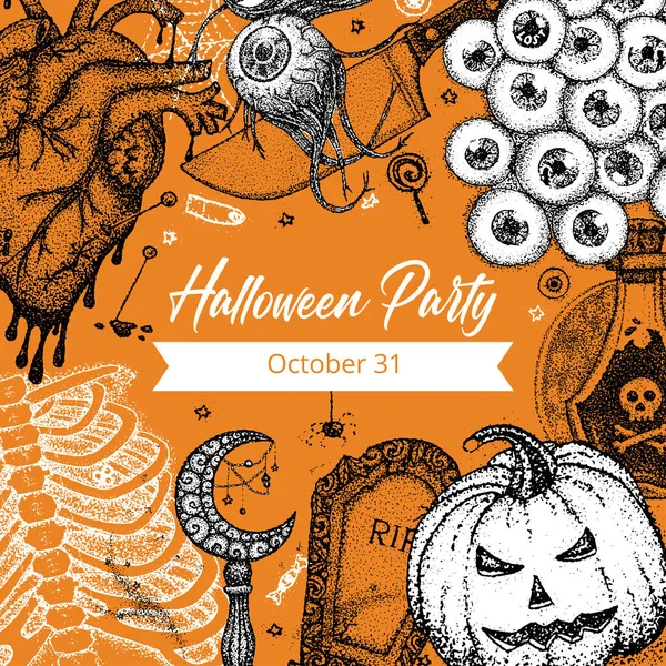 Halloween Party Dotwork Poster Vector Illustration Handdrawn Tattoo Sketch Concept — Stock Vector