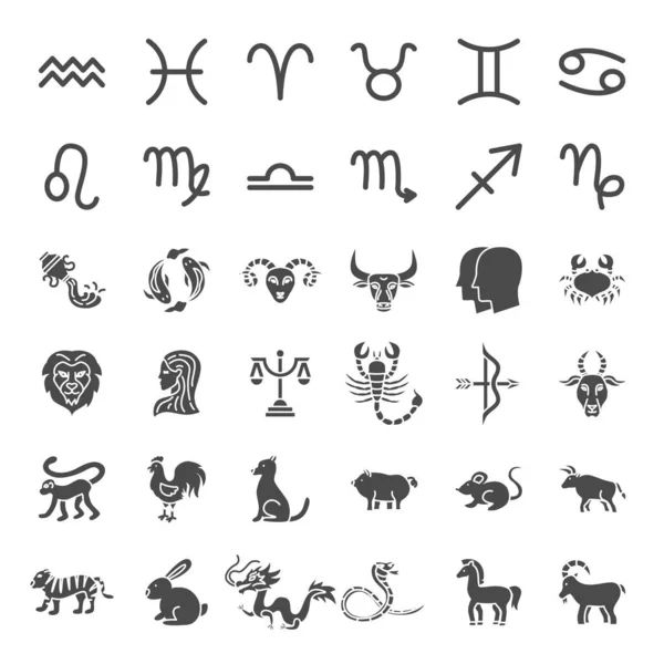 Zodiac Horoscope Solid Web Icons Vector Set Chinese Year Glyphs — Stockvector